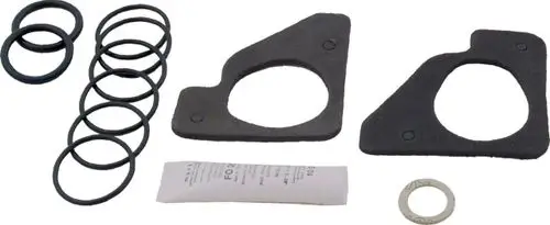 Dichtungsset mit mehreren O-Ringen und Dichtungen, geeignet für Anwendungen von Wolf. Teile in schwarzer und grauer Farbe, unter anderem mit Papieranleitung.